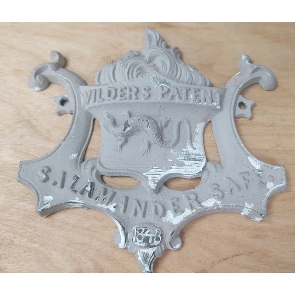 Antique Wrought Iron Safe Plaque WILDER'S PATENT SALAMANDER SAFE 1848 7